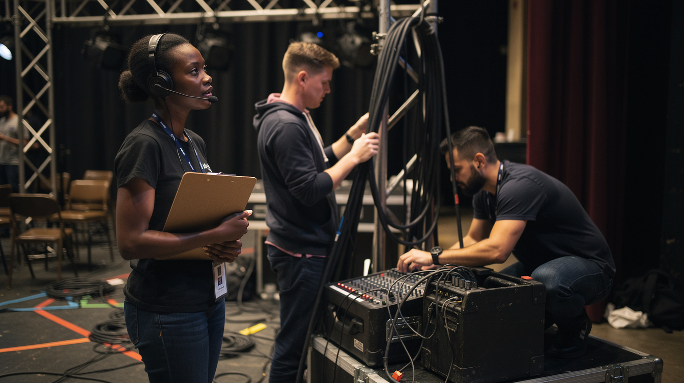 Production crew coordinating backstage before a live show