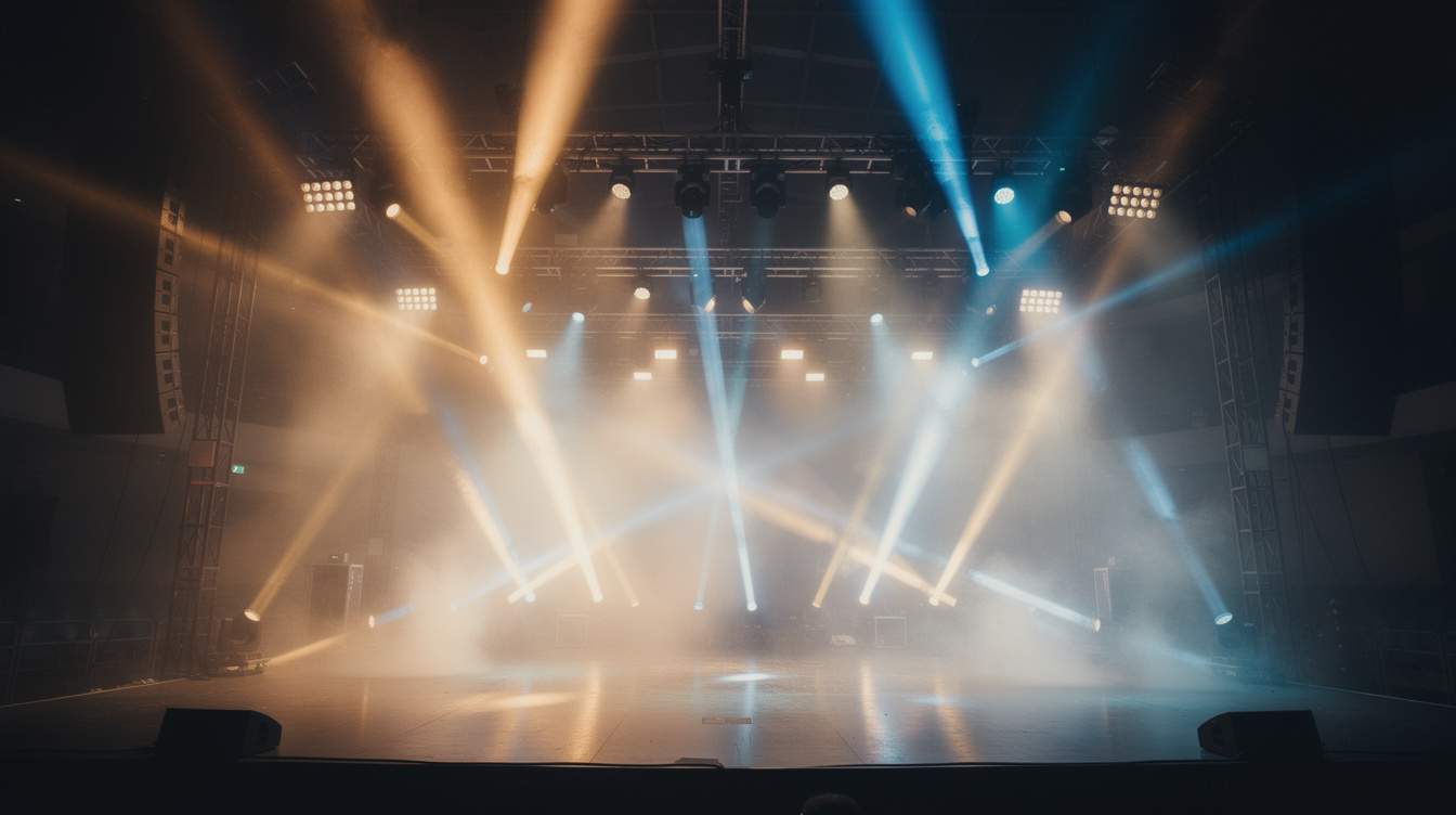 Colourful stage lighting rig glowing above an empty stage