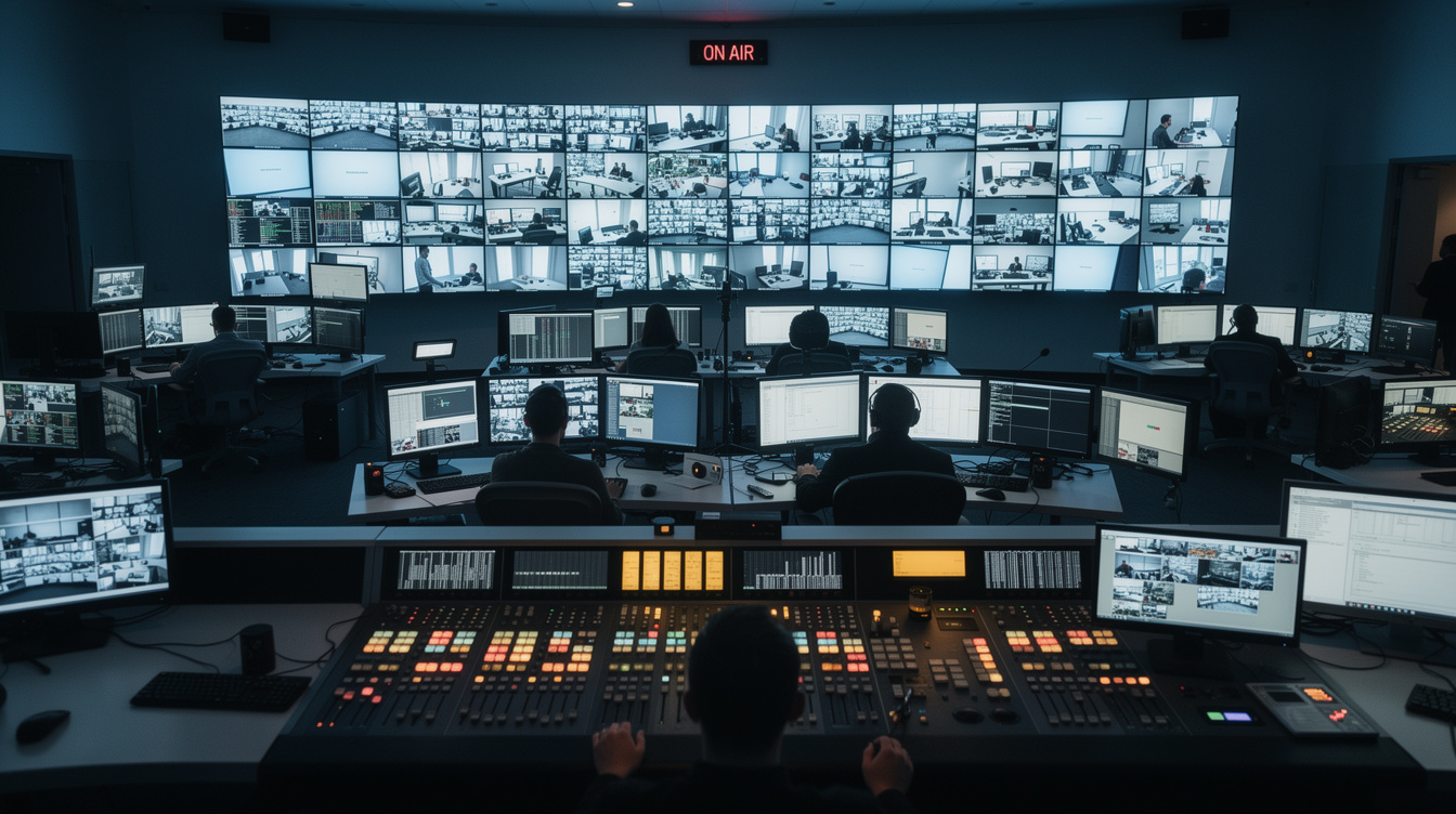 Broadcast control room with multiple monitors during a live show