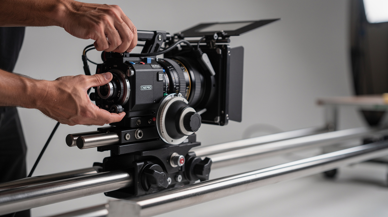 Camera mounted on a dolly track for a smooth tracking shot