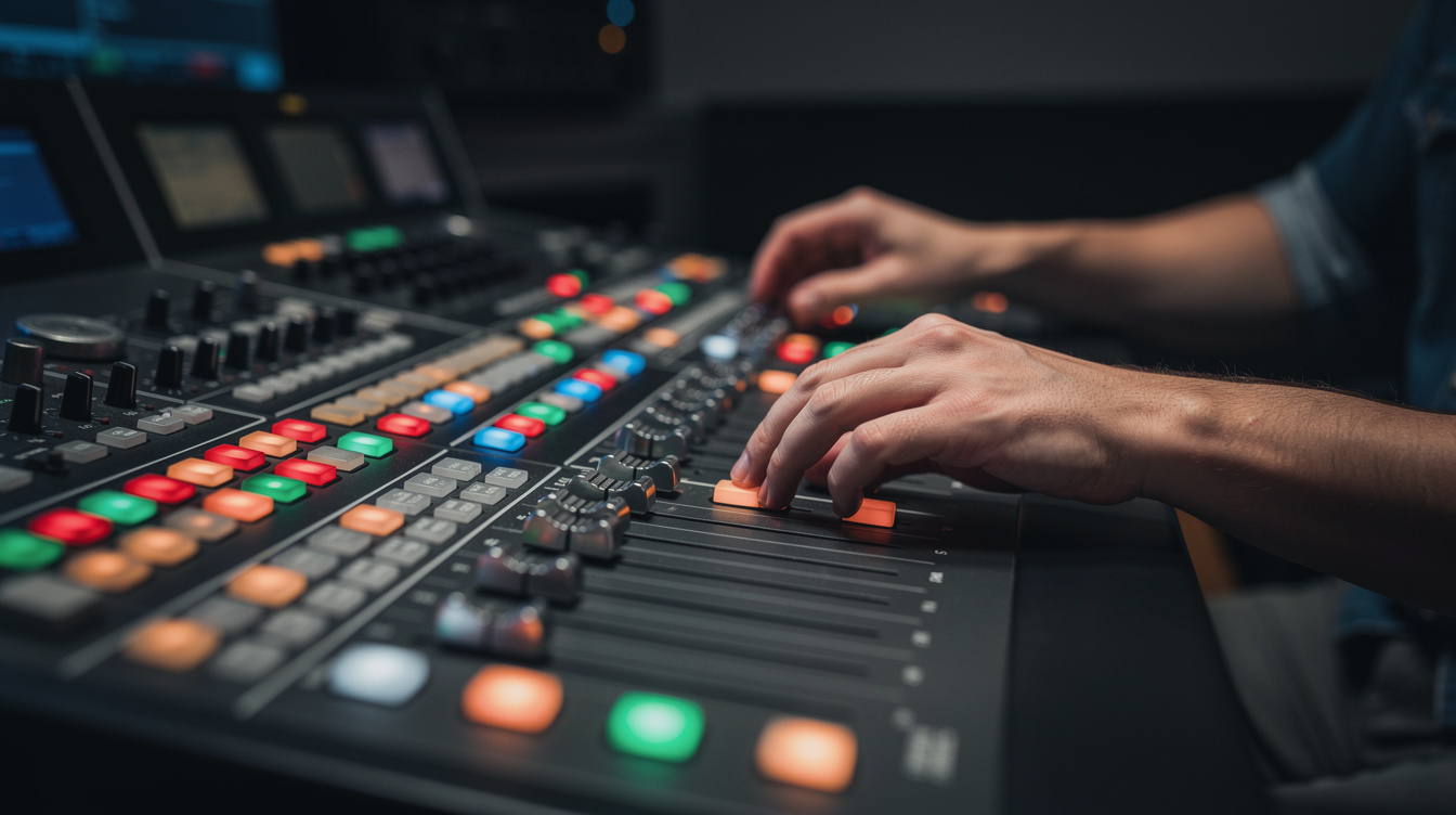 Vision mixer desk with glowing buttons during a live broadcast