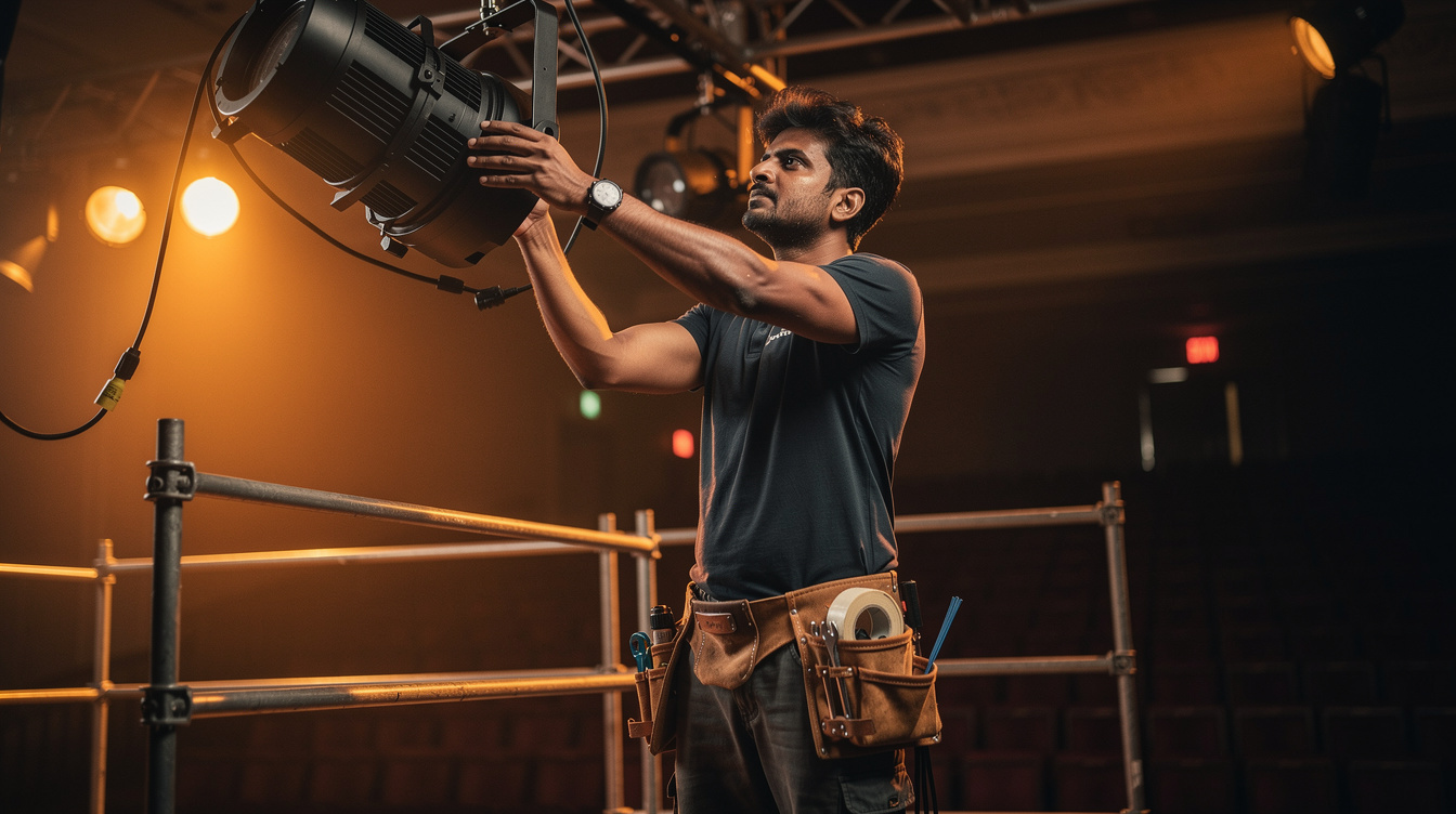 Stage lighting technician adjusting spotlights before a show