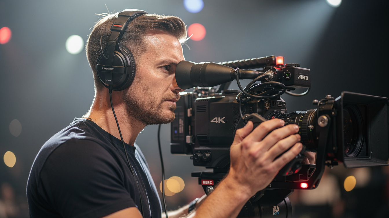 Camera operator filming a live show under stage lights